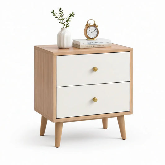 Mesa de Cabeceira Retangular com 2 Gavetas, 40 x 35 x 55 cm, Branco e Carvalho