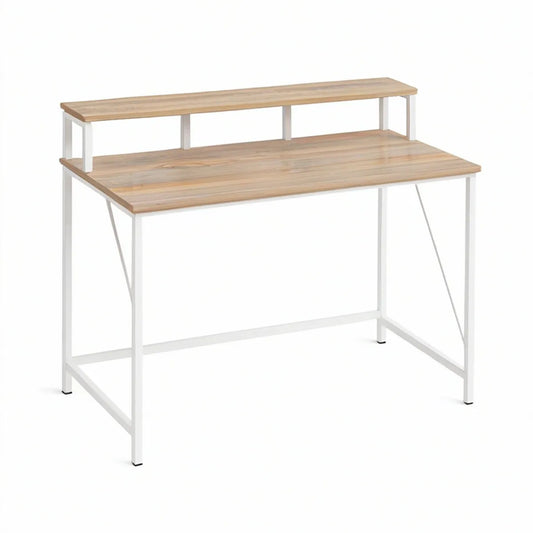 Secretária Retangular com Prateleira Superior 100 x 50 x 94 cm em MDF Carvalho Claro e Aço Branco